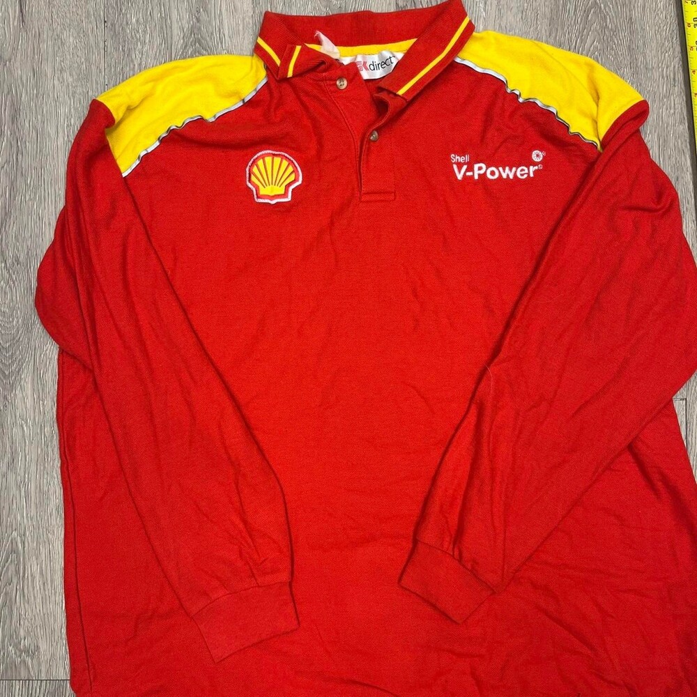 Shell V-Power red & yellow long sleeve polo shirt with yellow shoulder panels